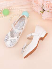 Zapatos de vestir con tacón grueso, decorados con lazo blanco y lentejuelas, adecuados para ocasiones formales, fiestas, bodas, actuaciones, ballet, estilo princesa, cómodos y versátiles para niñas pequeñas, medianas y grandes