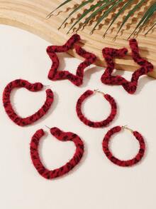 1 par de nuevos pendientes de otoño/invierno con estampado de leopardo y textura esponjosa, con diseños de corazón, redondos y en forma de estrella, de estilo punk dulce con aro grande, accesorios de moda, pendientes exagerados del mismo estilo para grupos de chicas, artículo imprescindible para influencers