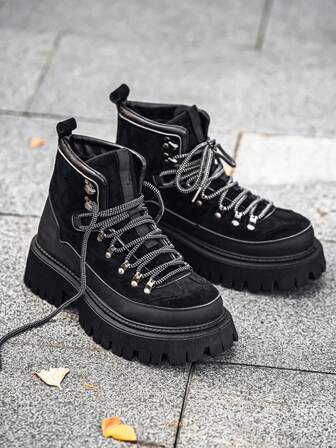 美式厚底靴，男士英伦风摩托车靴，高帮皮靴，四季新款男士靴子