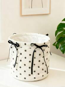 1pc Cute Black Polka Dot 3D Bow Decor Storage Basket, Desktop Organizer Basket For Makeup Brushes, Skincare Products, Desktop Decor, Cosmetic Organizer, Portable Picnic Basket, Suitable For Valentine's Day Stocking Stuffers - Multicolor - View 5