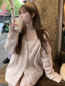 Soft & Cozy V-Neck Pink Sweater Cardigan For Women, Loose & Relaxed Knit, Autumn/Winter