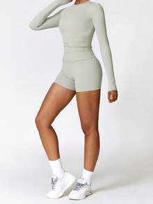 Women's Solid Color Long-Sleeve & Short-Pant Sports Casual Set - Slim Fit, Breathable & Skin-Friendly, Shape-Sculpting Fabric, Ideal For Fitness & Daily Wear - 灰色 - 查看 2