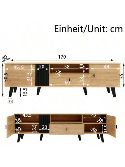 Stylish Elegance: 170cm TV Cabinet Wood Zwart Furniture, Lowboard Drawers, Diverse Storage Functions, Unique Appearance. view 2