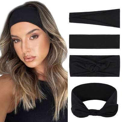 4pcs Black Elastic Headbands, Fashion Non-Slip Stretchy Headbands For Women, Multi-Style Workout Yoga Gym Hair Accessories, Casual Polyester Solid Color Winter Scarf Warm Hair Bands Women Bandanas