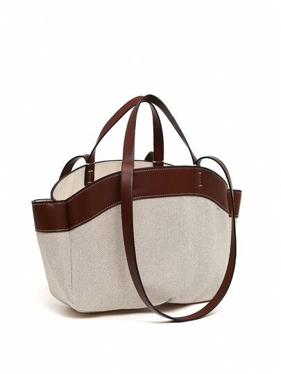 New Women's Handbag, Large Capacity Tote Bag For Autumn/Winter, Coffee Color With White Casual Minimalist Shopping Bag, Fashion Shoulder Handbag, Middle Bag, Inner Bag, Mom Bag