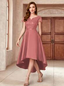 MIUSOL Sequin Lace Sweetheart Neck High-Low Hem Satin Prom Party Swing Dress - Dusty Pink - View 4