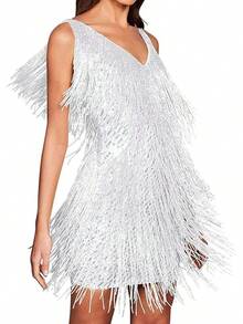 Houstil Women 1920s Sequin Dress Flapper Gatsby Homecoming Dresses Fringe Wedding Club Party Evening Gown - E-白色 - 查看 12