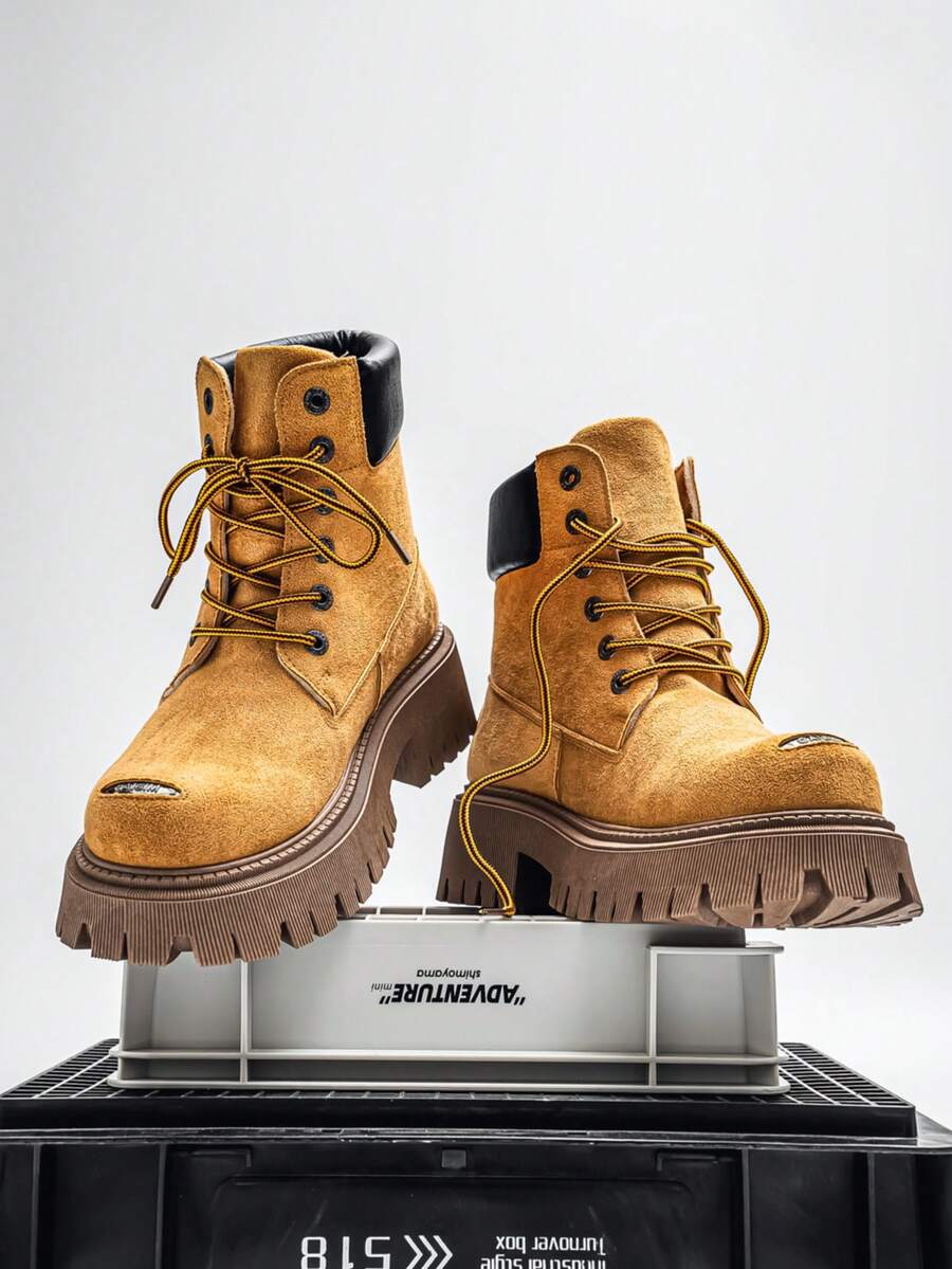 Bottes à semelle épaisse GAISIMA, style britannique rétro américain pour hommes, bottes de moto américaines, bottes jaunes pour l'extérieur - Kaki - Voir 1