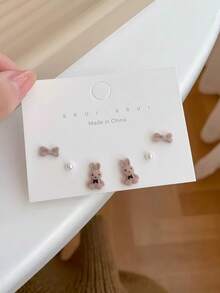 3 对/6 对可爱熊和兔子女士耳环，植绒简约个性化泰迪熊和兔子耳钉（卡片随机发货） - 彩色 - 查看 5