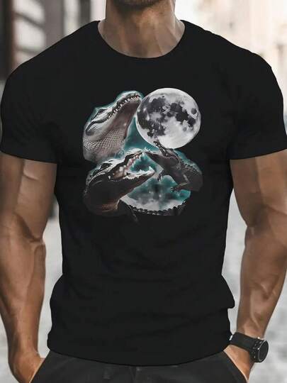 Men'S "Alligator Moon" Graphic T-Shirt - Funny Cartoon Design With Three Crocodiles And Moon, Vintage Style, Casual Summer Tee, Round Neck, Short Sleeve, Perfect For Adults, Casual Wear Tee| Playful Print Tee| Comfortable Fit Tee