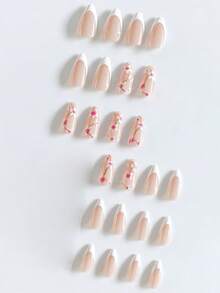 24 Unidades de Unhas Postiças com Formato de Amêndoa, Unhas Brancas, Unhas com Ponta Francesa Branca, Flor de Pessegueiro Fresca, Estilo Minimalista, Unhas Falsas de Cobertura Total Brilhante, Adequadas para Mulheres e Meninas, Suprimentos de Arte de Unhas de Outono e Inverno, Uso Diário.