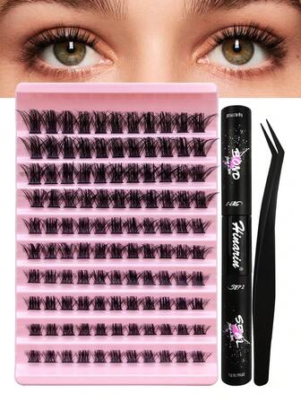 HINARIN 110pcs D Curl Thick Volume Lash Clusters Lash Extension Kit With Bond And Seal Lash Glue Lash Applicator For DIY Lash Extensions