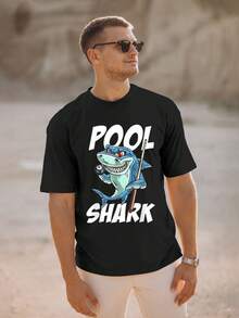 1 pieza 100% algodón manga cortam, Camiseta negra para hombre con dibujo de tiburón de billar y taco de billar, ideal para fiestas de Halloween y uso informal - Negro - Ver 4