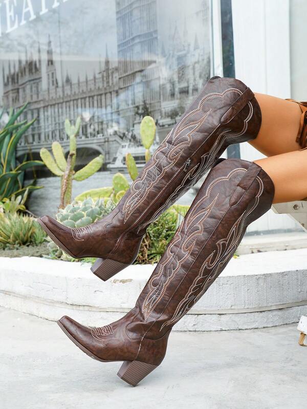 Fashionable Square Toe Chunky Heel Cowboy Boots, Vintage Embroidered Knee-High Riding Boots