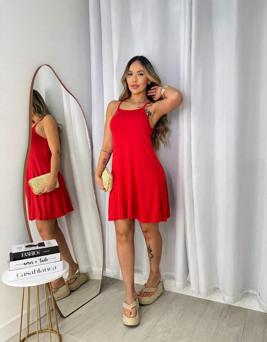 Vestido Básico Regatinha Vestido Casual Dia A Dia - Vermelho - Visão 1