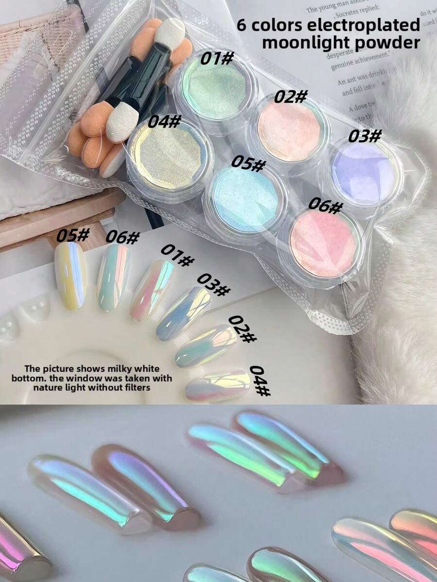 6pcs/Set Holographic Powder Kit, Includes 6 Applicator Tools, Professional Nail Art, Easy To Use, Suitable For DIY Nails. Featuring High-Gloss Faux Pearl Shell Holographic Glitter, Ideal For Nail Decoration, Make Your Nails Shine Brightly. - 彩色 - 查看 1