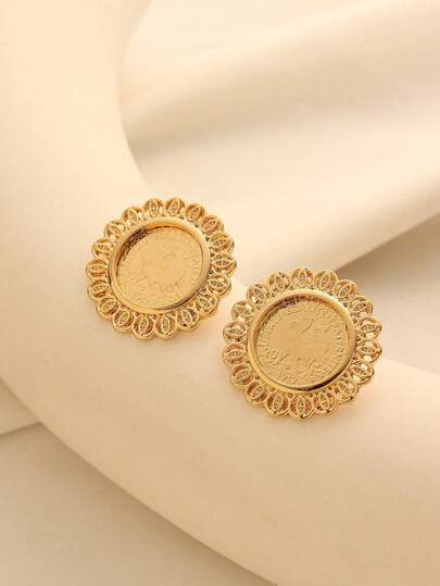 1 Pair Vintage Copper Alloy Gold Plated Rooster Coin Design Stud Earrings, Suitable For Women's Daily Wear And Holiday Gifts