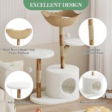 Wooden Cat Tree, Play Tower With Sisal Scratching Posts, Cat House, Perch On Top, Plush Jumping Platform, Play Ball, Sturdy Cat Activity Center For House Cats And Kittens - 白色-B - 查看 3
