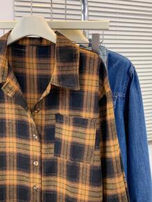Camisa de franela a cuadros vintage para mujer con cuello de solapa, camisa chaqueta de manga larga con botones y bolsillo para uso casual en la oficina, el hogar y el uso diario en otoño, invierno y primavera - Marrón - Ver 7