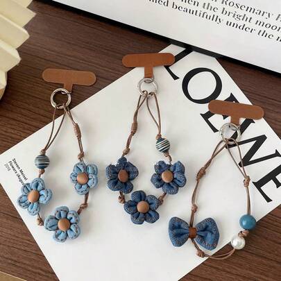 Handmade Denim Blue Flower Phone Lanyard, Handcrafted Waxed Cord Wrist Strap, Y2K Sweet Style, Personalized Pendant For Camera, Bag, Key Chain, & Unique Gift For Women
