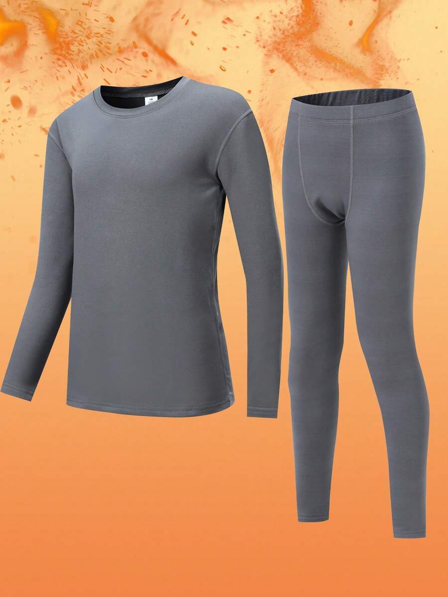 Tween Boys' Thermal Underwear Set (8Y-12Y / 120cm-160cm) - Round Neck Long Sleeve Top & Pants, Grey | Thermal Lined, Ultra Warm & Breathable | Slim Fit For Home Play, School Runs, Ski Trips | Anti-Static, Quick-Dry | Winter/Christmas Essential