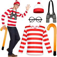 Conjunto de 5 piezas de disfraz de Wally para adultos, accesorios de disfraz y cosplay que incluyen camiseta a rayas rojas y blancas, gorro, gafas sin marco y muletas para el Día Mundial del Libro, Halloween y Navidad