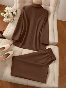 Solid Color Single Button Long Sleeve Single-Breasted Waistcoat Suit Pants Two-Piece Set - Coffee Brown - View 2