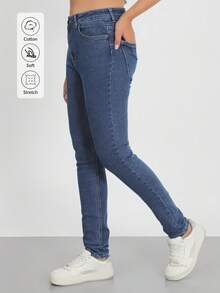 Women's Lightly Stretchy And Pocketed Long Straight Design Skinny Jeans - Navy Blue - View 7