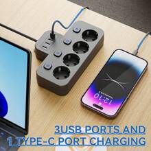 8-In-1 Multi-Function EU Power Strip With USB, 4 EU AC Outlets, 3 USB Ports, 1 Type-C Port, On/Off Switch, Wall Mountable, Suitable For Home, Office And Travel, Great Gift For Christmas, Halloween, Birthday - EU E Type Plug(220-240V) - View 5