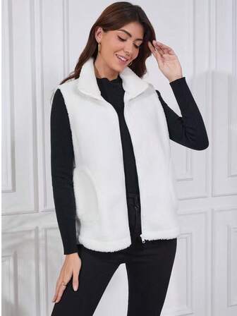 Chaleco sin mangas de forro polar con bolsillo y cremallera, de unicolor, estilo casual y escolar para mujer