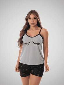 Women's Silk Print Short Doll Pajamas With Comfortable Straps - Grey - View 3
