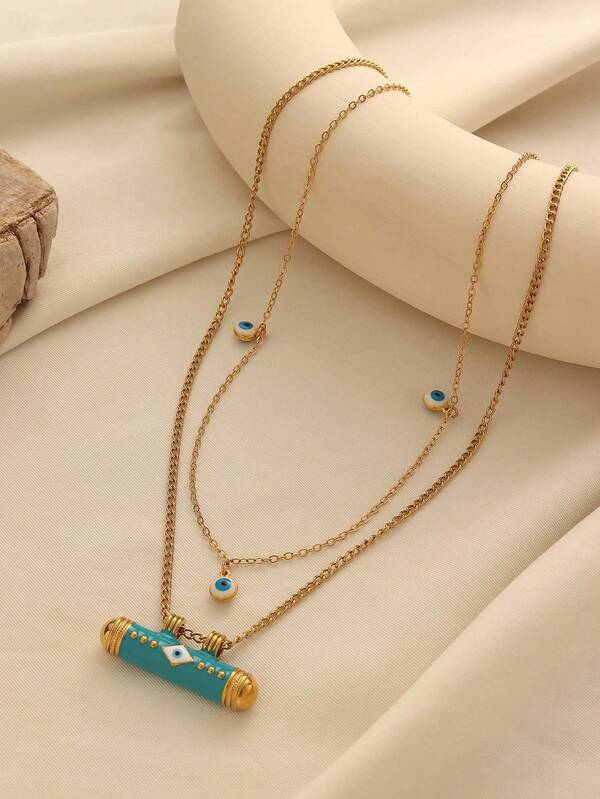 1pc Fashion Copper Alloy Gold Plated Evil Eye Pendant Double Layer Necklace, Suitable For Women's Daily Wear And Holiday Gifts