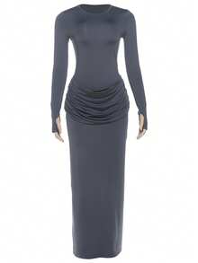 Elegant Fitted Round Neck Solid Color Pleated High Waist Slit Long Sleeve Dress - Grey - View 9