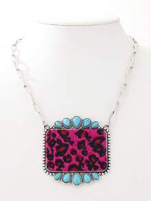 1pc Bohemian Style Leopard Print Leather Geometric Turquoise Pendant Necklace, Women - Necklace - View 5