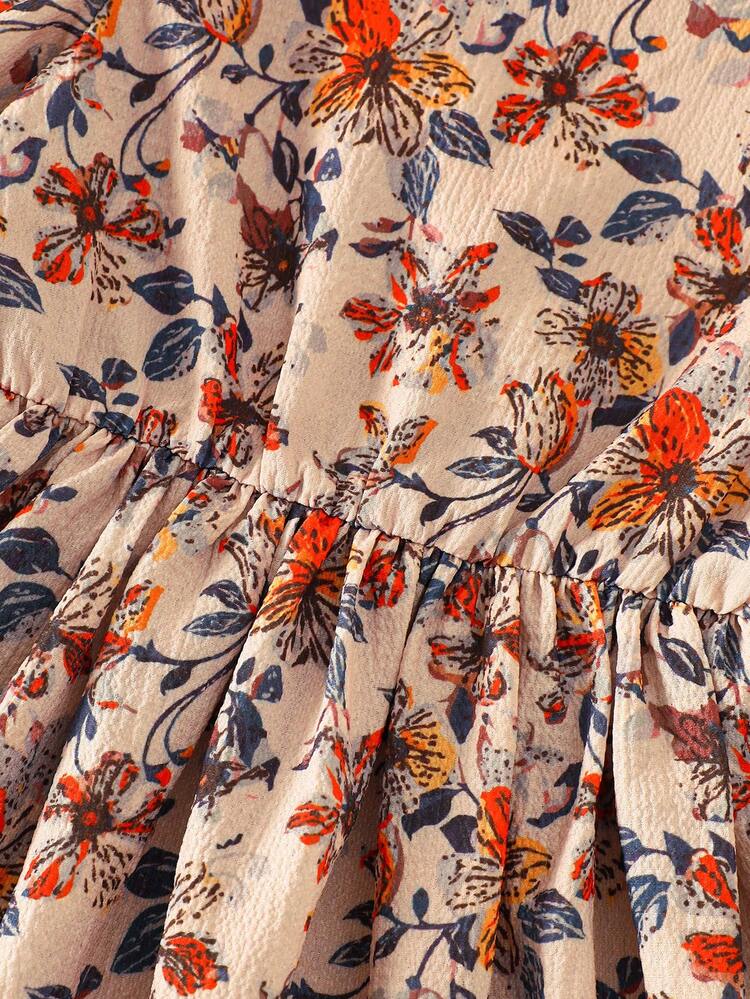 Vestido ligero casual para exteriores con estampado floral diminuto y lazo en la cintura para niña, primavera/verano - Marrón - Añade 6