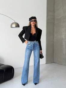 SQUALO Women's Wide Leg Color With Pocket Details Destroyed Retro Washed Street Style Jeans Ripped And Cutout Wide Leg Jeans - Blue - View 6