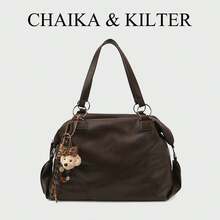 CHAIKA & KILTER 1 件纯色 PU 面料单肩包，女士复古休闲大容量手提包，大学生书包，缝线和铆钉装饰，双手柄设计，拉链开合，适合日常购物（带吊坠出售） - 咖啡 - 查看 10
