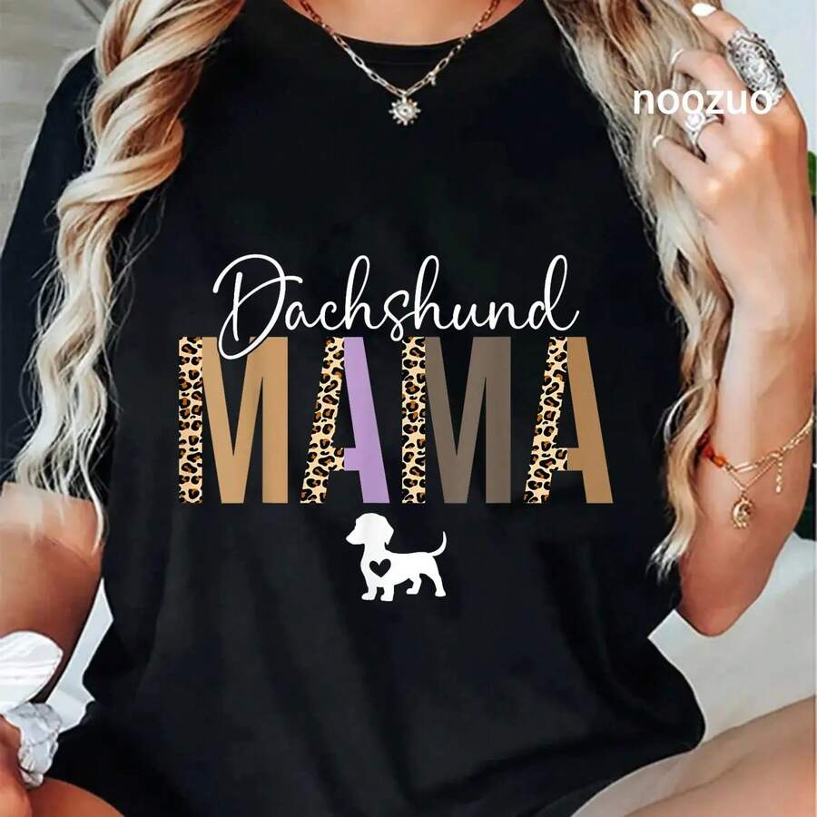 Dachshund Mama Graphic Tee – Leopard Print Dog Lover T-Shirt For Women, Perfect For Casual Wear And Pet Mom Gifts - màu đen - Xem 1