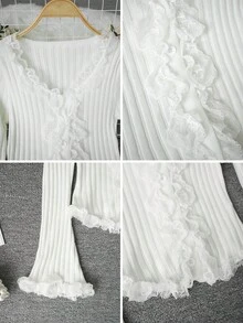 女士法式蕾丝边长袖开衫毛衣，修身款式，适合秋冬季节，甜美风格，适合日常穿着和约会，长袖上衣 - 白色 - 查看 10