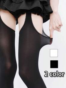 1 Pair Women's Open Crotch Velvet Leggings, Sexy Bodystocking With 3D Braided Trim, Thigh Cutout Faux Suspender Tights, Suitable For Halloween Costume, Nurse Outfit, Party, Carnival, Christmas, Performance - Multicolor - View 2