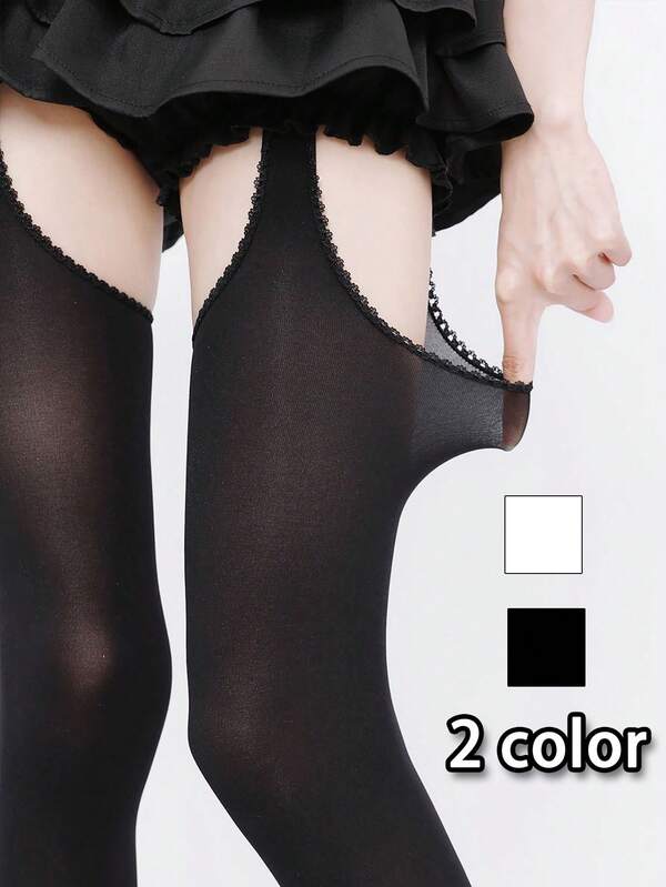 1 Pair Women's Open Crotch Velvet Leggings, Sexy Bodystocking With 3D Braided Trim, Thigh Cutout Faux Suspender Tights, Suitable For Halloween Costume, Nurse Outfit, Party, Carnival, Christmas, Performance