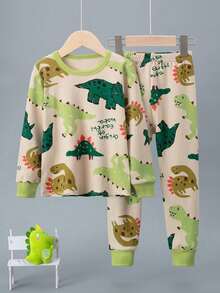 2 件套 男童恐龙印花长袖衬衫和裤子睡衣套装
