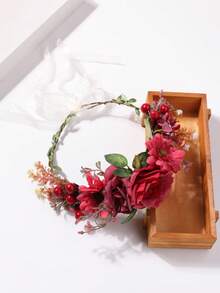 1 szt. opaska na głowę z wiankiem kwiatowym, wianek ze sztucznych kwiatów w stylu vintage, boho, podróżny, świąteczny, DIY, ręcznie robiony wianek z kwiatów imitujących żurawinę, korony, tiara - Czerwony - Zobacz 4
