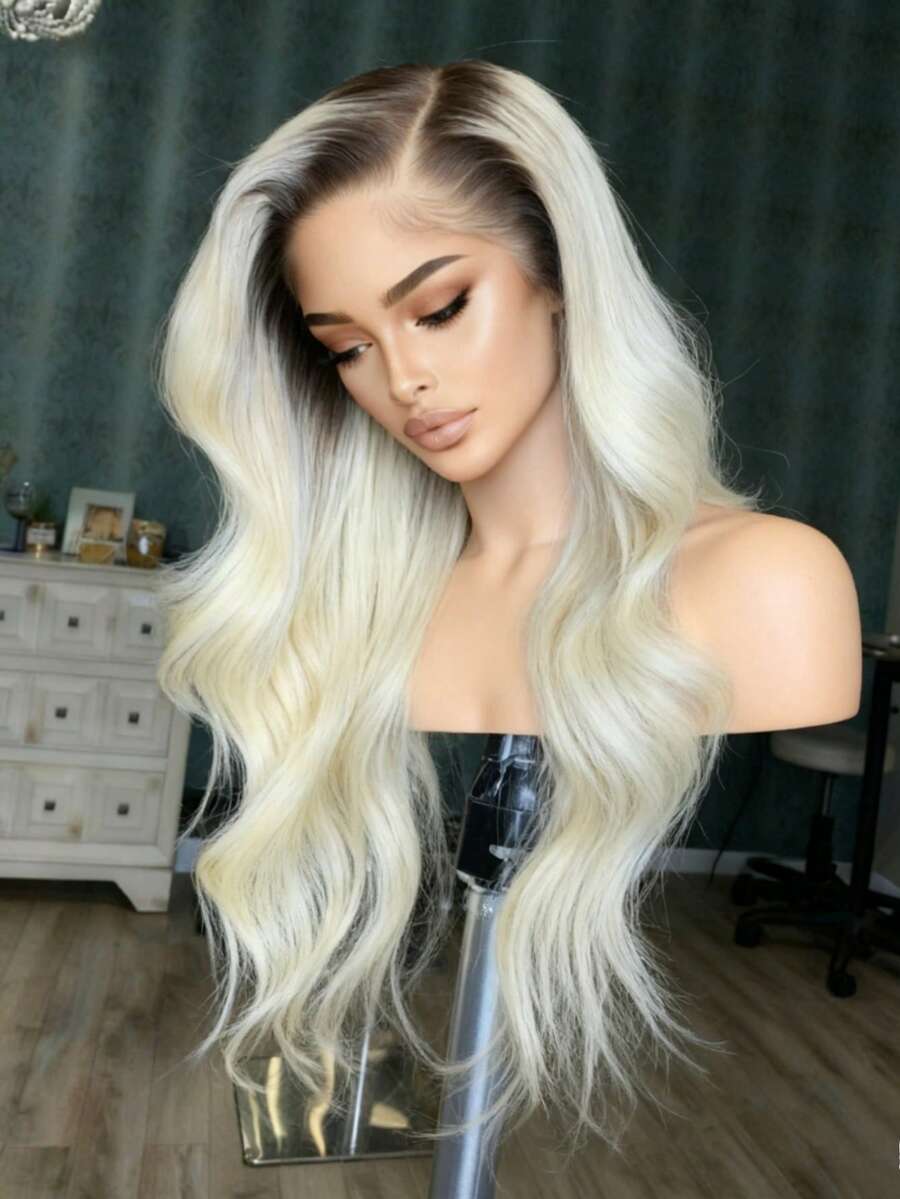 13X4 HD Transparent Platinum Blonde Body Wave Lace Front Wigs Human Hair Pre Plucked Free Part With Baby Hair 250 Density Water Wave Wigs Glueless White Colored Lace Front Wigs For Women Perfect Daily Wear Parties - 根染&漸變色 - 查看 1