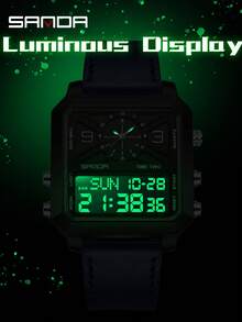 SANDA. SANDA 6265 男式方形模拟数字运动双显示石英表防水 LED 倒计时电子男表 - 黑色 - 查看 6