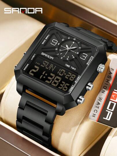 SANDA. SANDA 6265 方形双显手表男士电子石英双机芯 3ATM 防水夜光运动商务手表