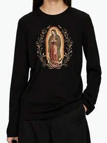 Our Lady Of Guadalupe Virgin Mary Long-Sleeved Shirt, Mother TShirt, Latina TShirt Gift For Catholic Mom, Vintage 90s Y2K Tee - Soft, Breathable Crew Neck Tee, Lightweight & Comfortable Casual Summer Wear, Women's Tops, White - Black - Long-sleeved - 查看 2