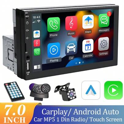 Hippcron Car Radio MP5 Player 1 Din Bluetooth HD 7" Touch Screen Stereo With Carplay Android Auto 12V FM ISO Power Aux Input SD USB