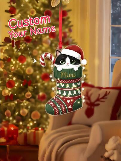 1pc Custom Ornament,Custom Cat In Christmas Stocking Ornament,Personalized Pet Name Holiday Decoration, Personalized Acrylic Ornament,Santa Tree Decor,Santa Gift
