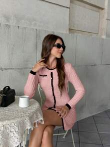 FOR BEAUTY New Autumn/Winter Round Neck Long Sleeve Knit Dress Spring Solid Color Minimalist Elegant Contrast Color Fashion Commuter Mini Dress Knit Dress For Valentine's Day Date - Tender Powder - View 6